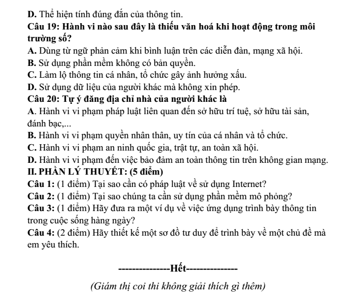 Đề thi Học kì 1 Tin học 9 năm 2024-2025 trường THCS Lý Thường Kiệt (Quảng Nam)