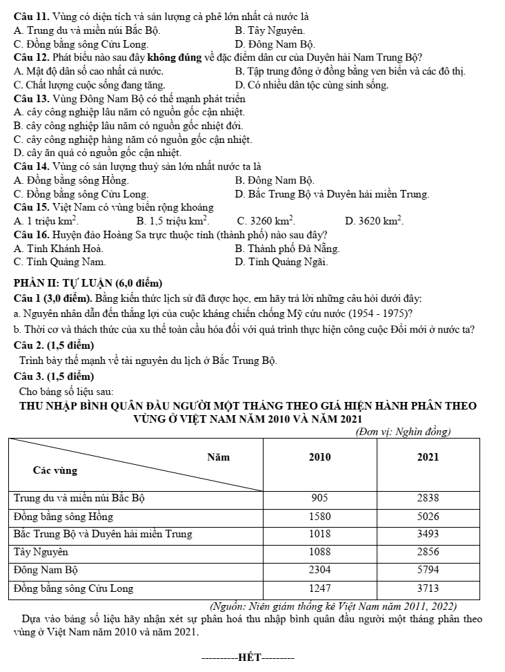 Đề thi Học kì 2 Lịch Sử và Địa Lí 9 năm 2024-2025 Sở Nam Định