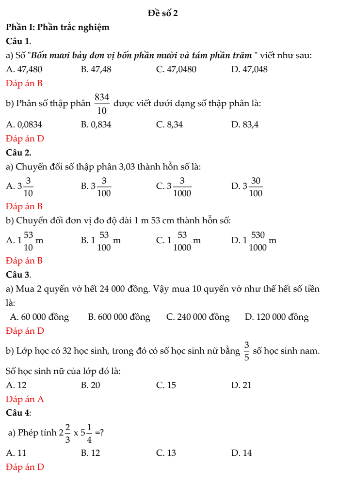20+ Đề thi Toán lớp 5 Học kì 1 Chân trời sáng tạo 2025 (tải nhiều)