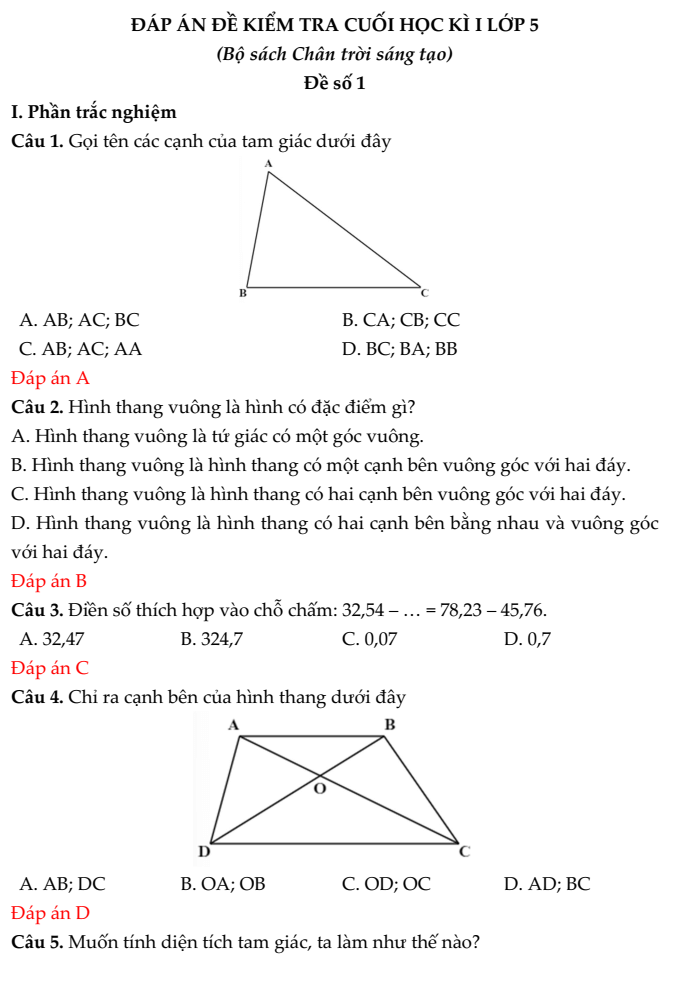 20+ Đề thi Toán lớp 5 Học kì 1 Chân trời sáng tạo 2025 (tải nhiều)