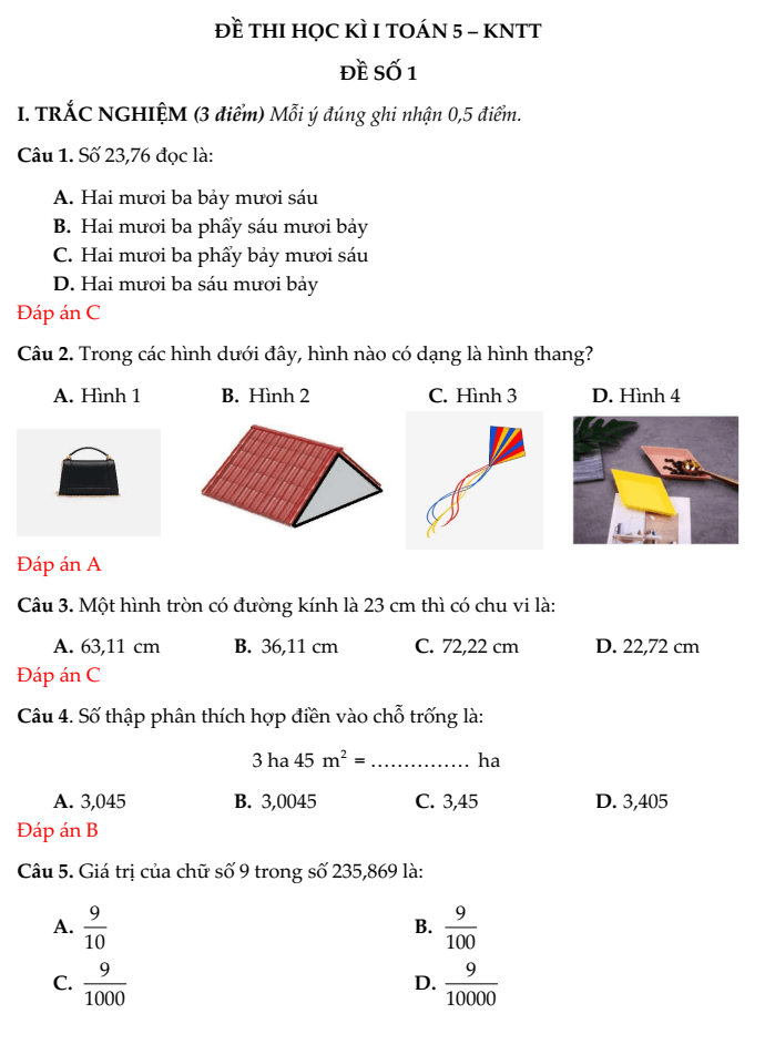 20+ Đề thi Toán lớp 5 Học kì 1 Kết nối tri thức 2025 (tải nhiều)