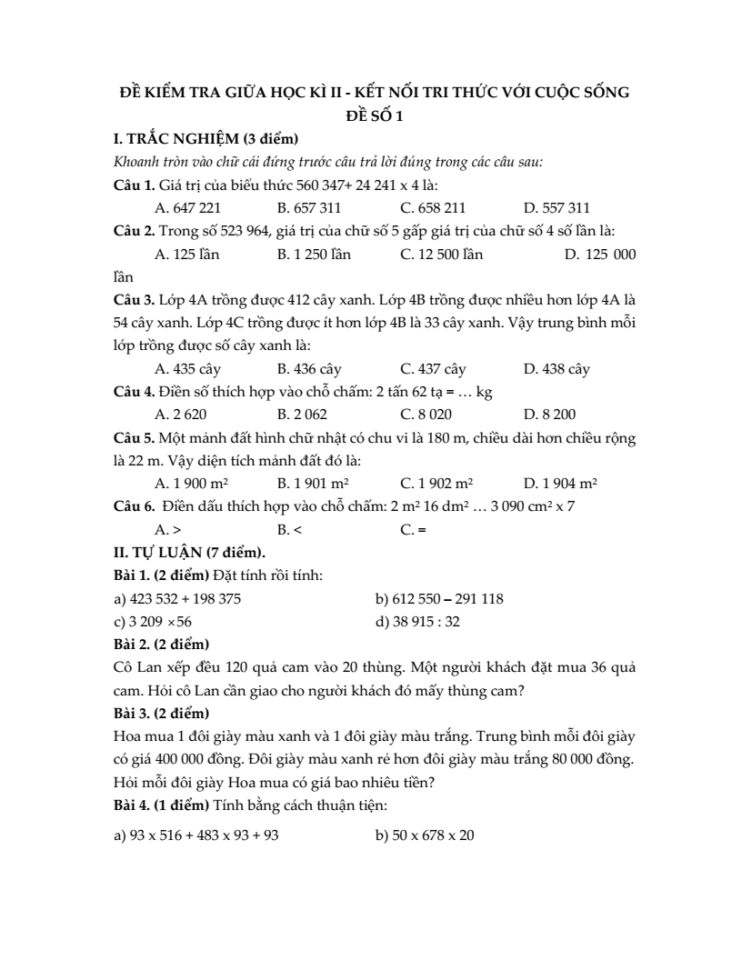 20+ Đề thi Toán lớp 4 Giữa kì 2 Kết nối tri thức 2026 (tải nhiều)