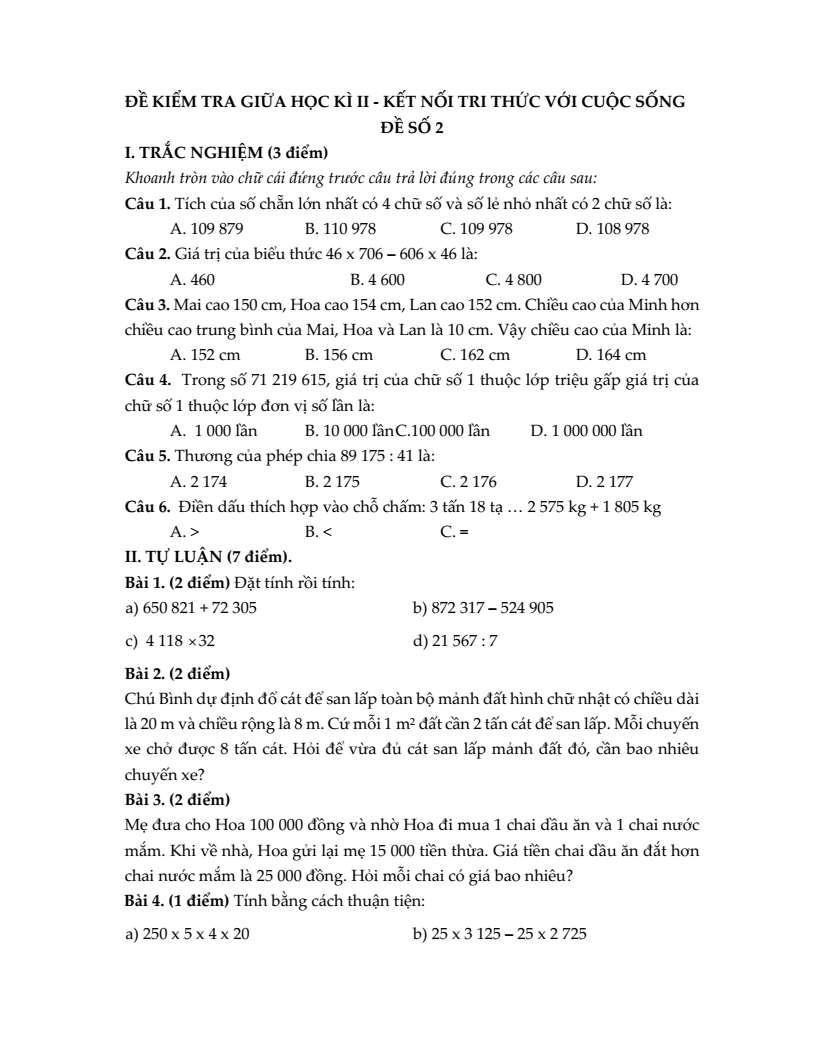 20+ Đề thi Toán lớp 4 Giữa kì 2 Kết nối tri thức 2026 (tải nhiều)