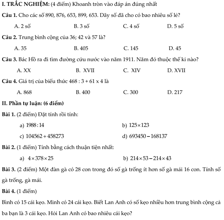 20+ Đề thi Toán lớp 4 Học kì 1 Cánh diều 2025 (tải nhiều)