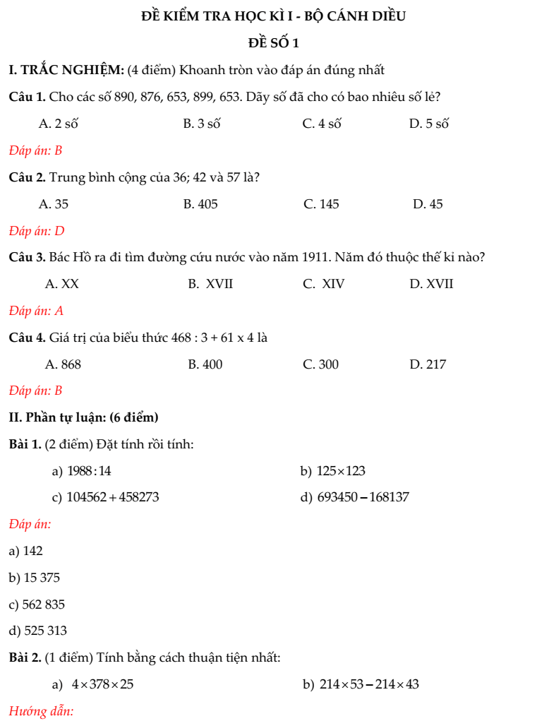 20+ Đề thi Toán lớp 4 Học kì 1 Cánh diều 2025 (tải nhiều)
