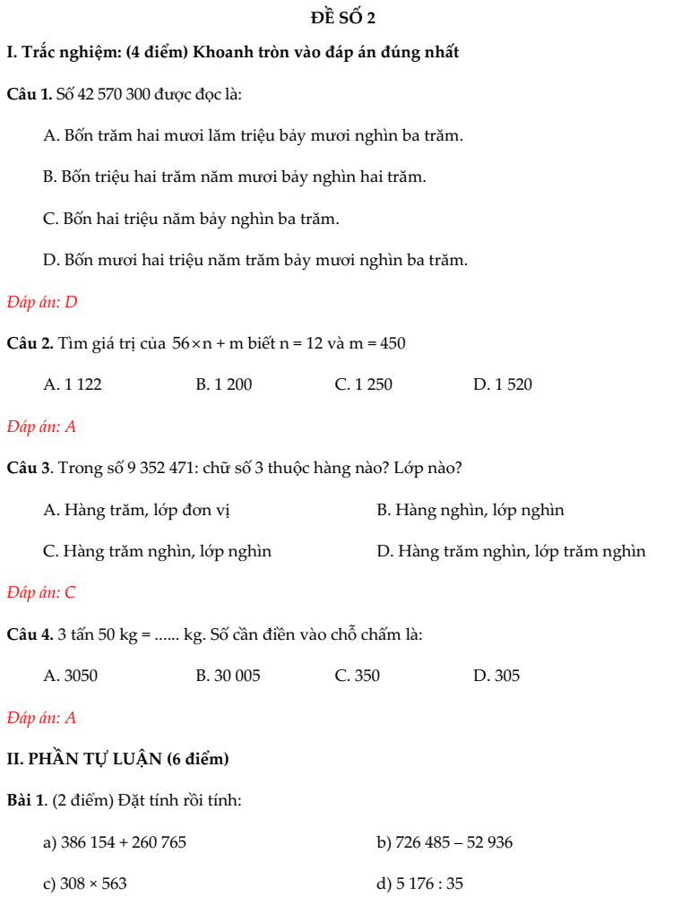 20+ Đề thi Toán lớp 4 Học kì 1 Cánh diều 2025 (tải nhiều)