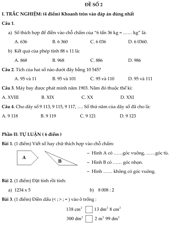 20+ Đề thi Toán lớp 4 Học kì 1 Chân trời sáng tạo 2025 (tải nhiều)