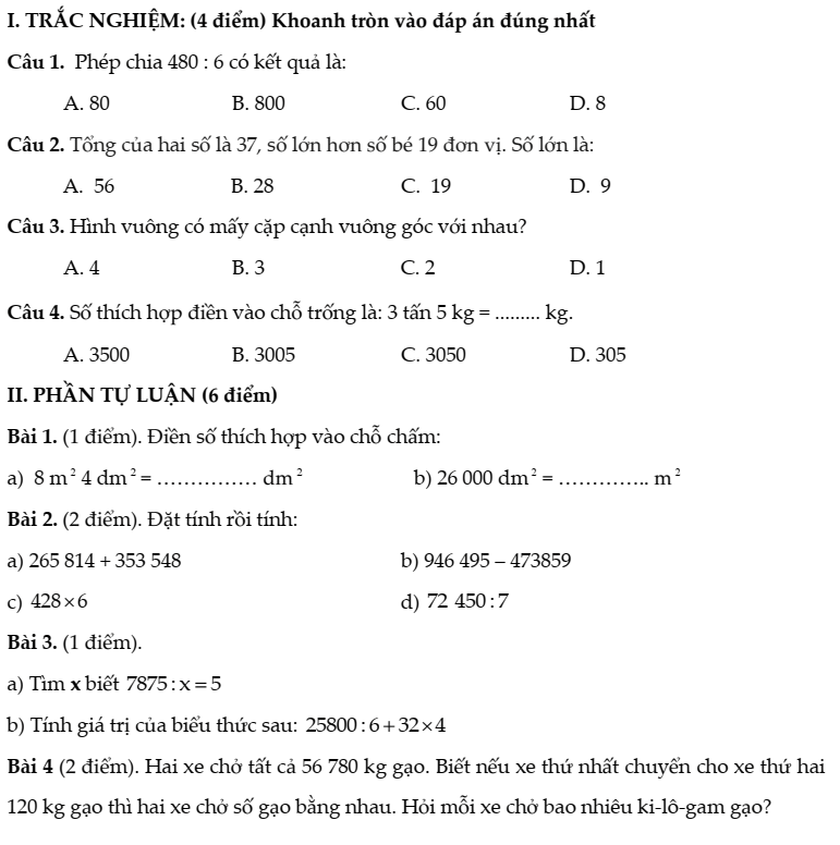 20+ Đề thi Toán lớp 4 Học kì 1 Kết nối tri thức 2025 (tải nhiều)