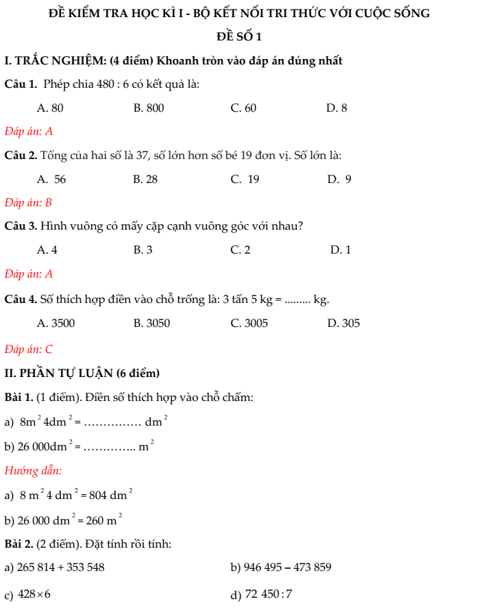 20+ Đề thi Toán lớp 4 Học kì 1 Kết nối tri thức 2025 (tải nhiều)