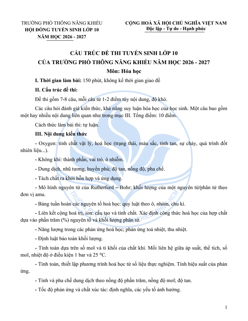 Đề minh họa Chuyên Hóa học vào lớp 10 trường Phổ thông Năng khiếu 2026