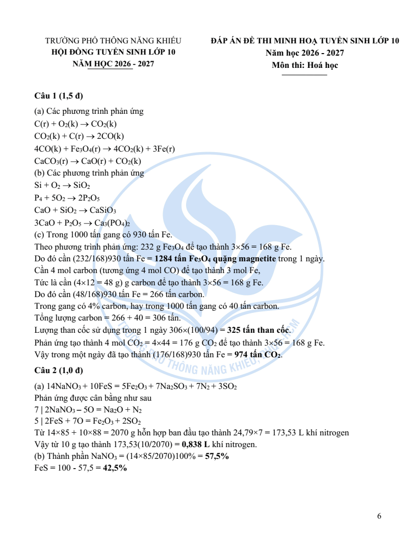 Đề minh họa Chuyên Hóa học vào lớp 10 trường Phổ thông Năng khiếu 2026