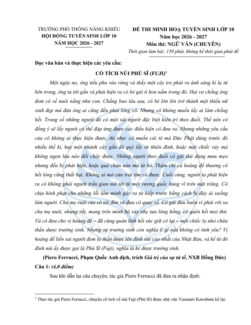 Đề minh họa Chuyên Ngữ văn vào lớp 10 trường Phổ thông Năng khiếu 2026