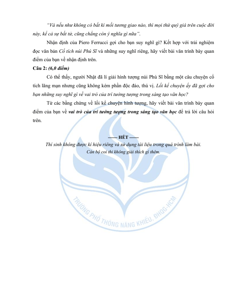 Đề minh họa Chuyên Ngữ văn vào lớp 10 trường Phổ thông Năng khiếu 2026