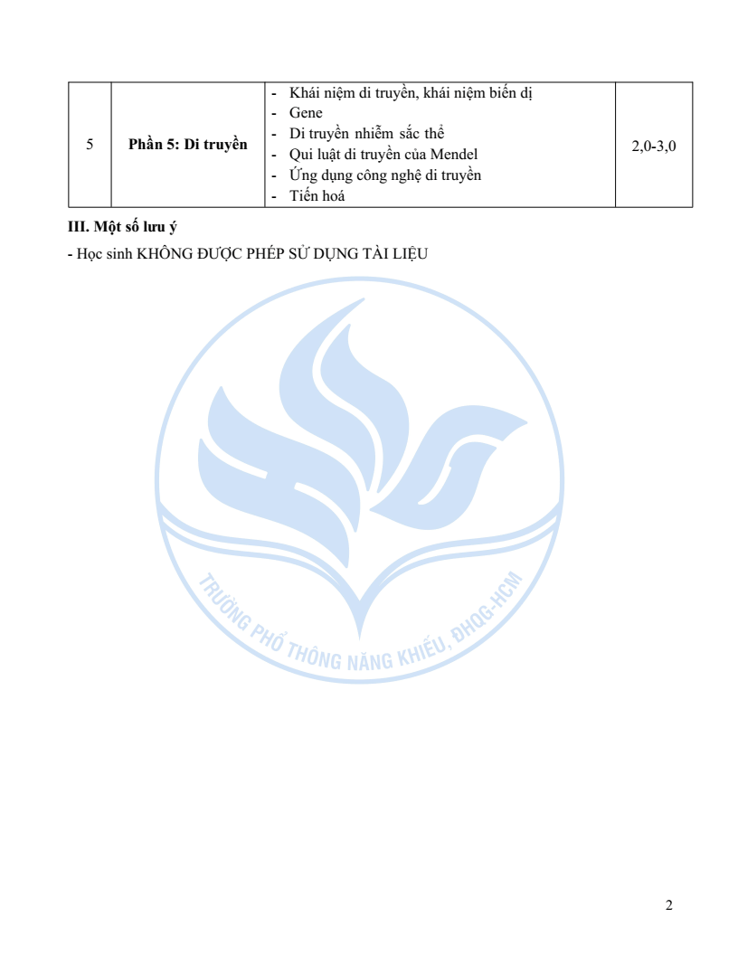 Đề minh họa Chuyên Sinh học vào lớp 10 trường Phổ thông Năng khiếu 2026