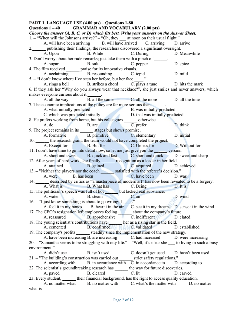 Đề minh họa Chuyên Tiếng Anh vào lớp 10 trường Phổ thông Năng khiếu 2026