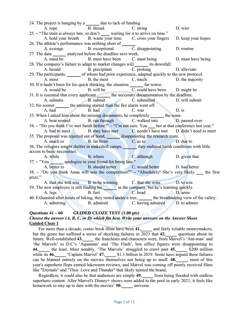 Đề minh họa Chuyên Tiếng Anh vào lớp 10 trường Phổ thông Năng khiếu 2026