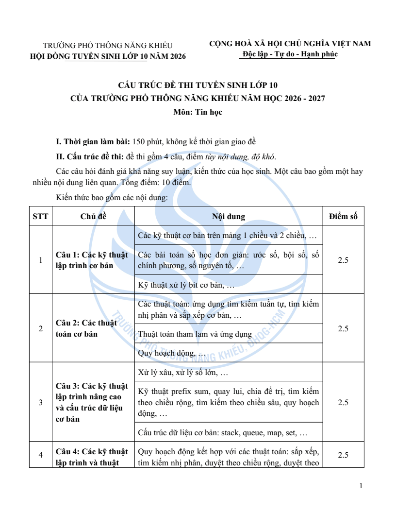 Đề minh họa Chuyên Tin học vào lớp 10 trường Phổ thông Năng khiếu 2026