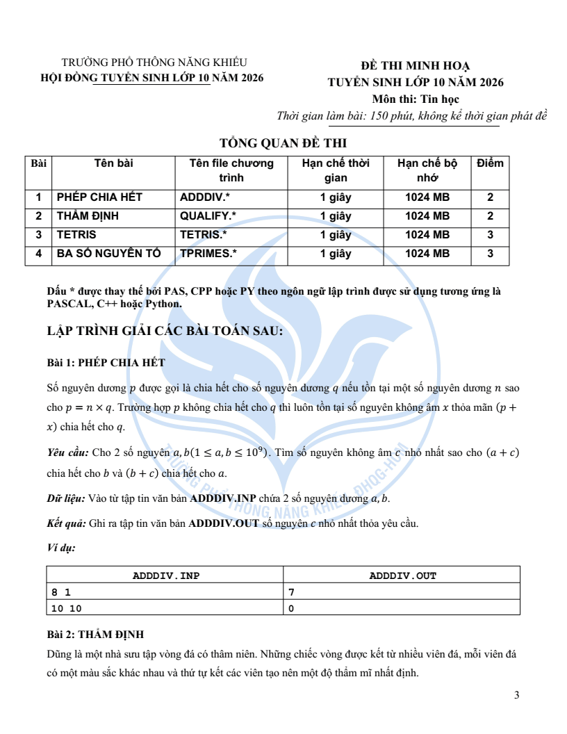 Đề minh họa Chuyên Tin học vào lớp 10 trường Phổ thông Năng khiếu 2026
