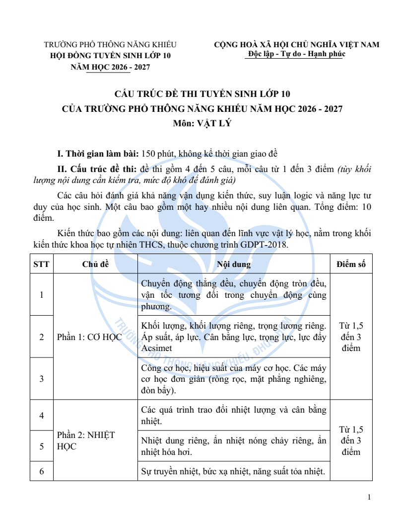 Đề minh họa Chuyên Vật lí vào lớp 10 trường Phổ thông Năng khiếu 2026
