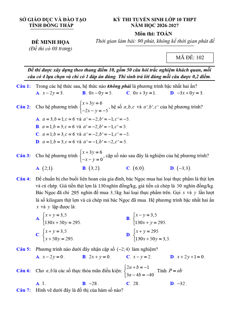 Đề minh họa Toán vào lớp 10 Sở GD&ĐT Đồng Tháp (Chung) năm 2026