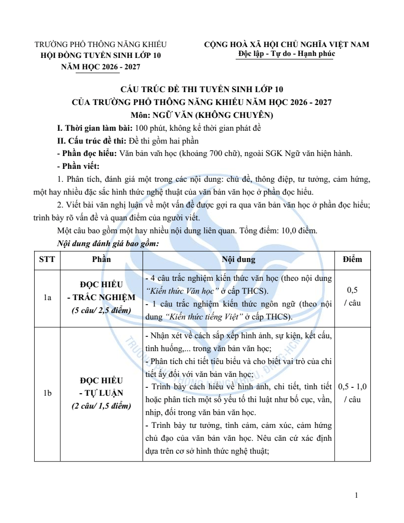 Đề minh họa vào lớp 10 trường Phổ thông Năng khiếu môn Ngữ văn (không Chuyên) 2026