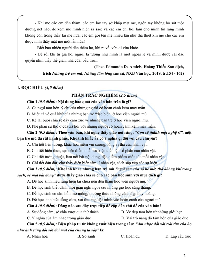 Đề minh họa vào lớp 10 trường Phổ thông Năng khiếu môn Ngữ văn (không Chuyên) 2026