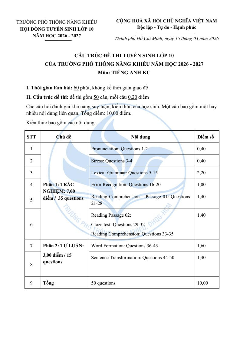 Đề minh họa vào lớp 10 trường Phổ thông Năng khiếu môn Tiếng Anh (không Chuyên) 2026