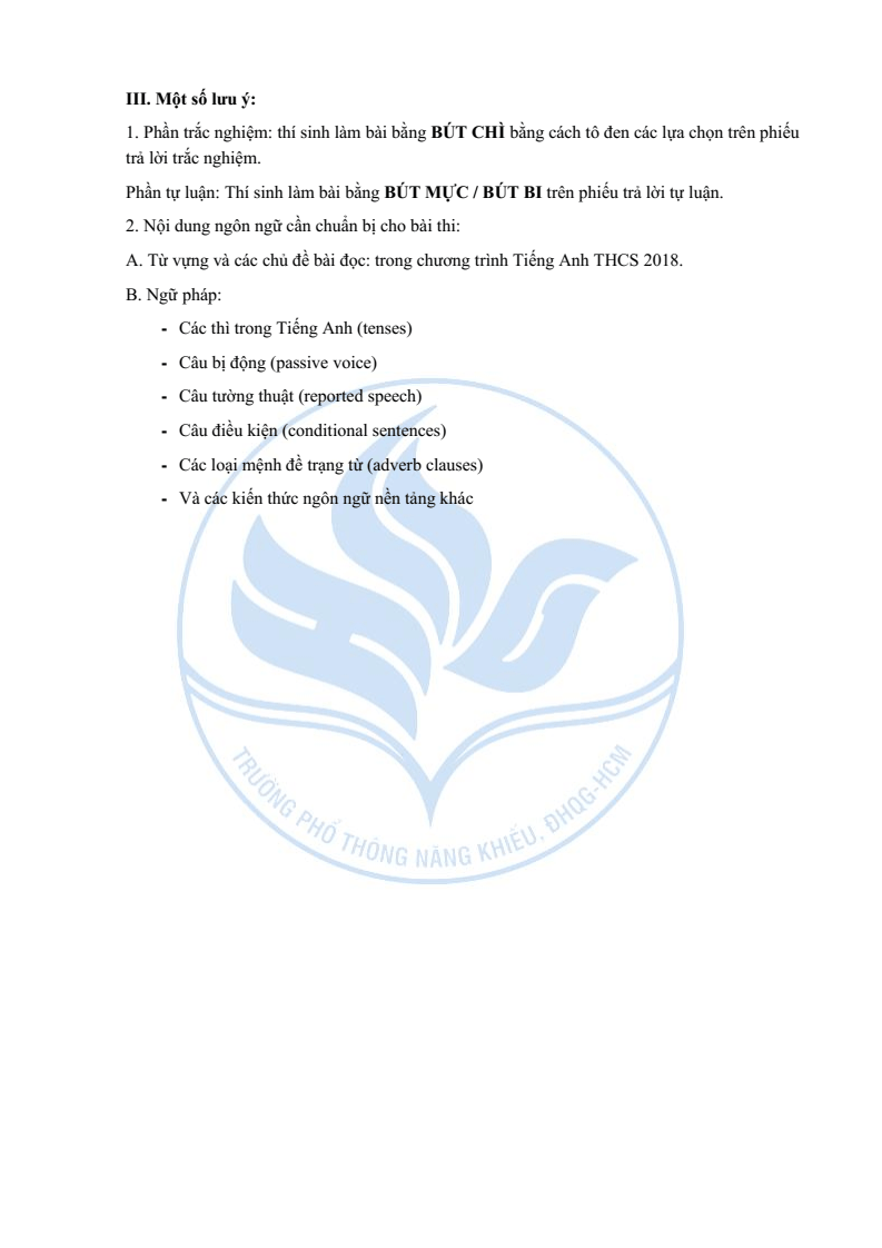 Đề minh họa vào lớp 10 trường Phổ thông Năng khiếu môn Tiếng Anh (không Chuyên) 2026