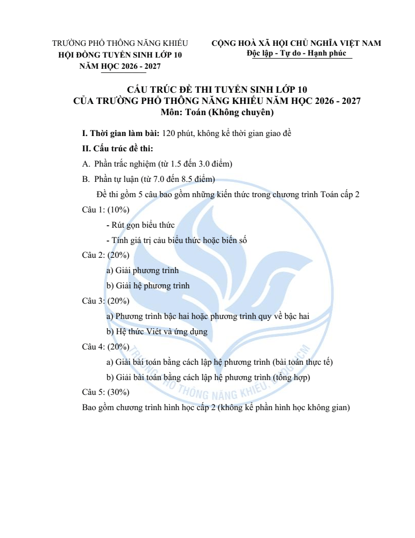 Đề minh họa vào lớp 10 trường Phổ thông Năng khiếu môn Toán (không Chuyên) 2026