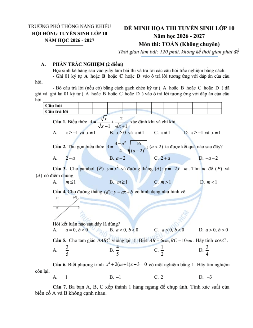 Đề minh họa vào lớp 10 trường Phổ thông Năng khiếu môn Toán (không Chuyên) 2026