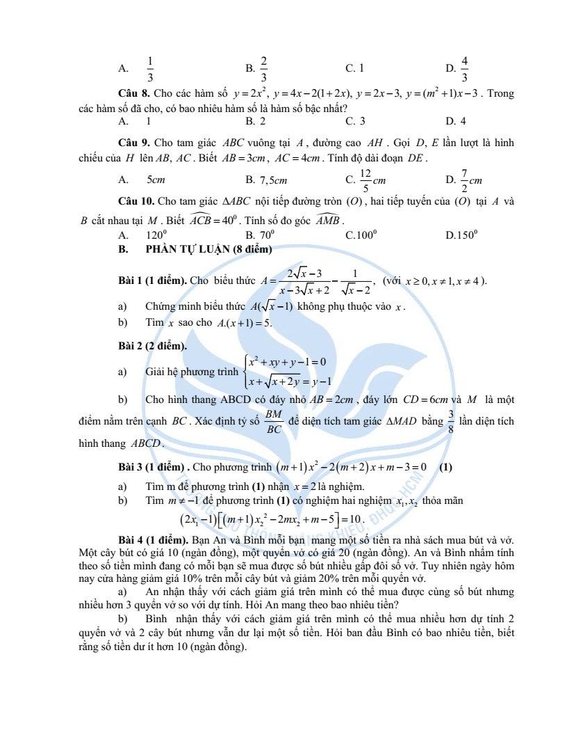 Đề minh họa vào lớp 10 trường Phổ thông Năng khiếu môn Toán (không Chuyên) 2026