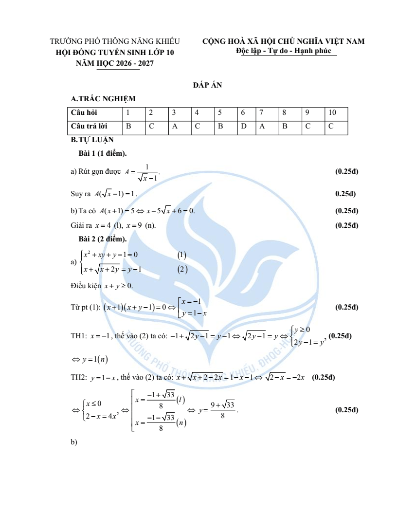 Đề minh họa vào lớp 10 trường Phổ thông Năng khiếu môn Toán (không Chuyên) 2026