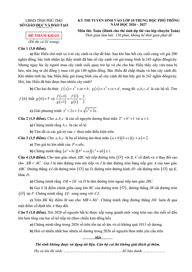 Đề tham khảo tuyển sinh vào lớp 10 Toán (Chuyên) Phú Thọ năm 2026