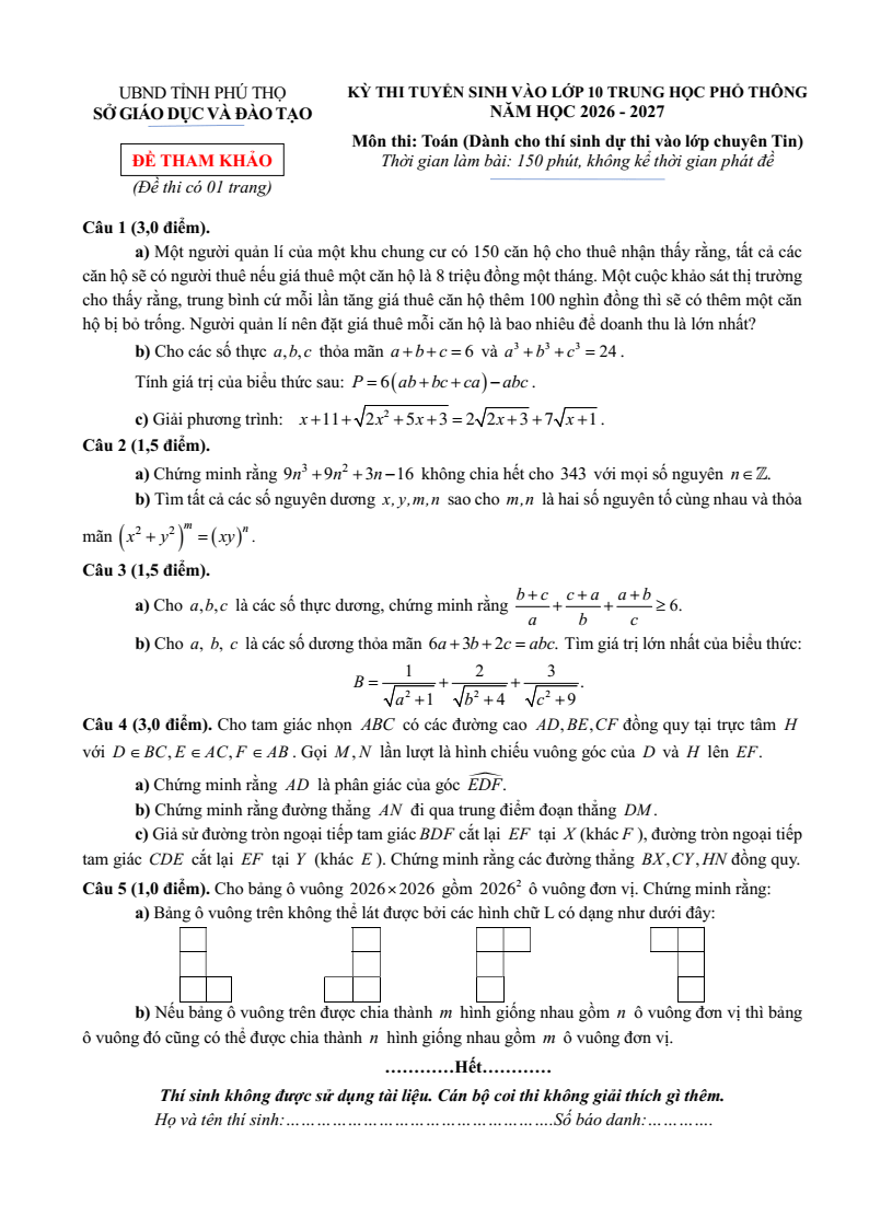Đề tham khảo tuyển sinh vào lớp 10 Toán (Chuyên) Phú Thọ năm 2026