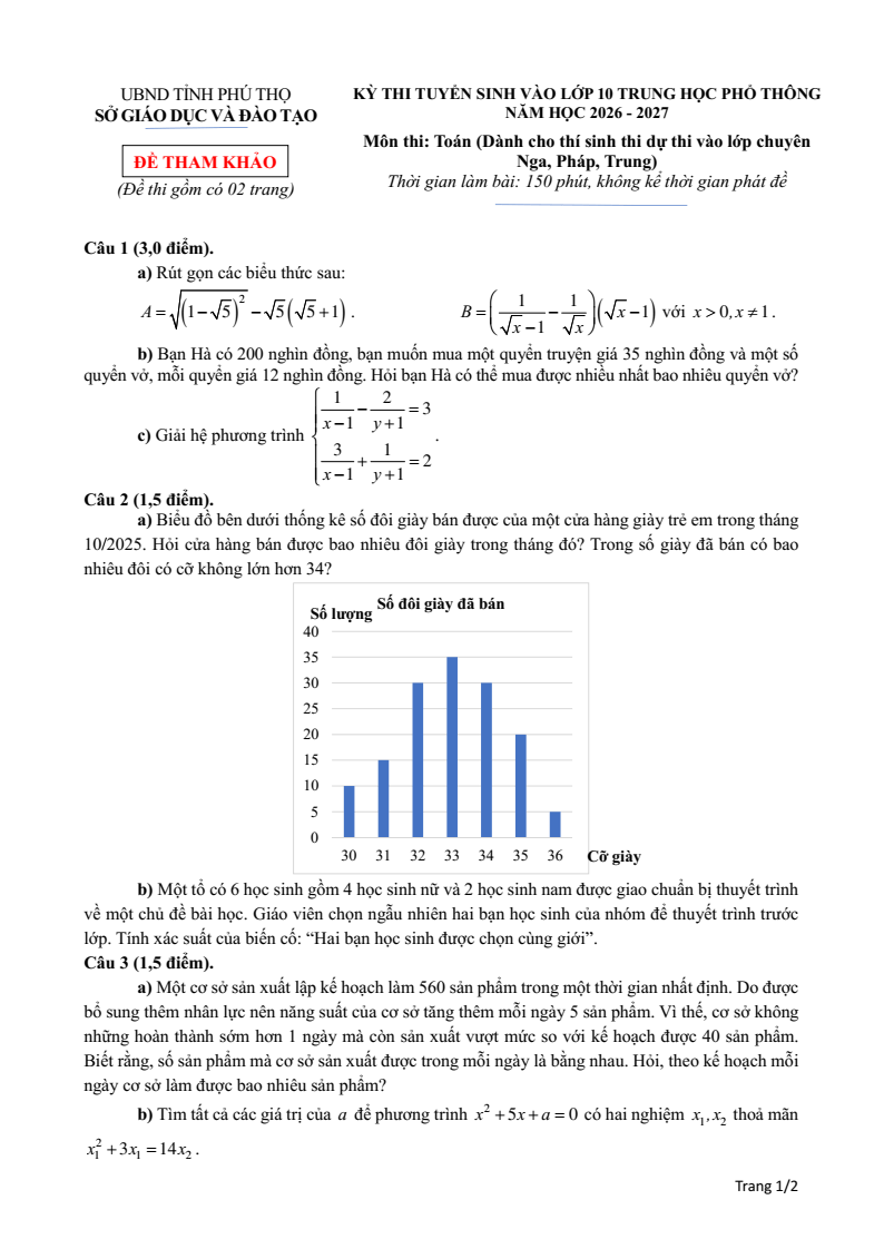 Đề tham khảo tuyển sinh vào lớp 10 Toán (Chuyên) Phú Thọ năm 2026