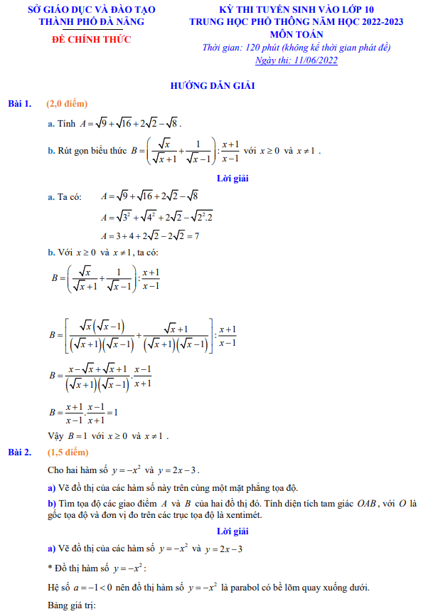 Đề thi Toán vào 10 Đà Nẵng năm 2020