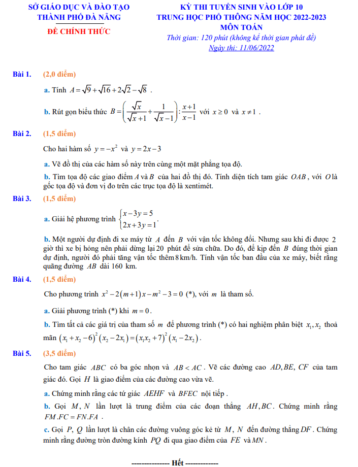 Đề thi Toán vào 10 Đà Nẵng năm 2020