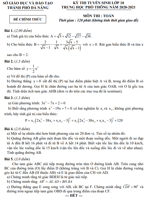 Đề thi Toán vào 10 Đà Nẵng năm 2021