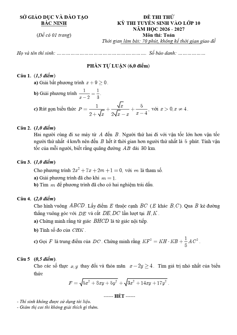 Đề thi thử Toán vào lớp 10 năm 2025-2026 Sở GD&ĐT Bắc Ninh