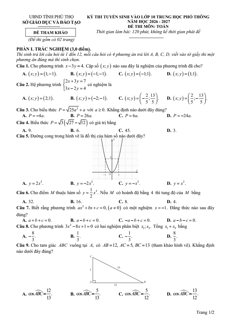 Đề thi thử Toán vào lớp 10 năm 2026 Sở GD&ĐT Phú Thọ