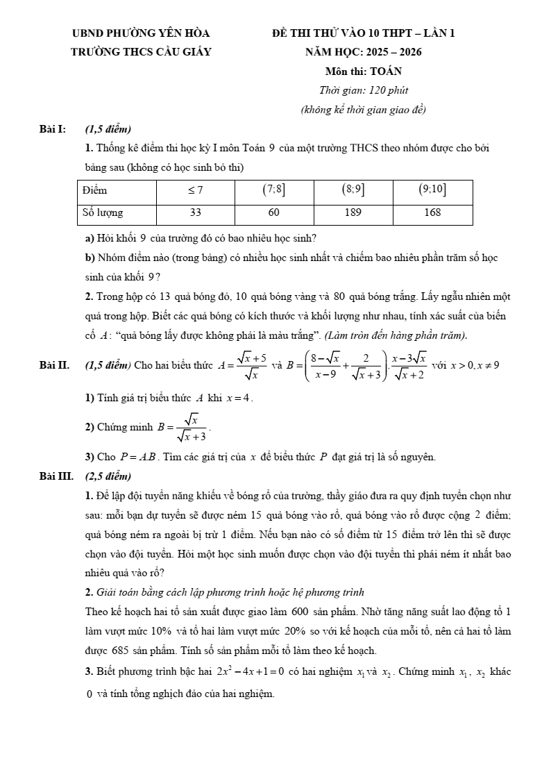 Đề thi thử Toán vào lớp 10 năm 2025-2026 trường THCS Cầu Giấy (Hà Nội)
