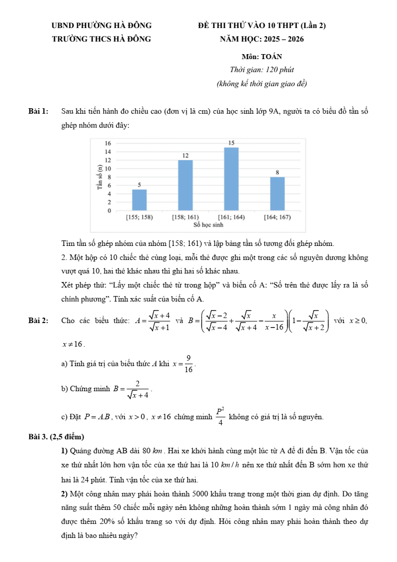 Đề thi thử Toán vào lớp 10 năm 2025-2026 trường THCS Hà Đông (Hà Nội)