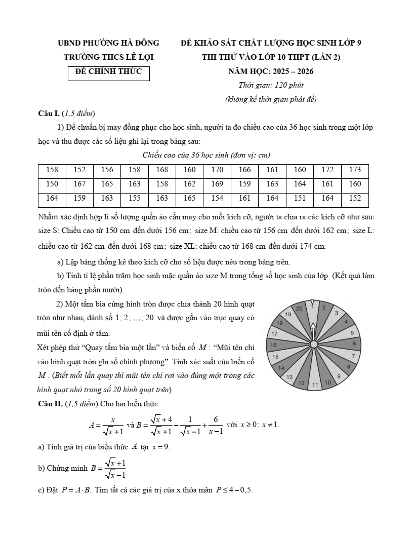 Đề thi thử Toán vào lớp 10 năm 2025-2026 trường THCS Lê Lợi