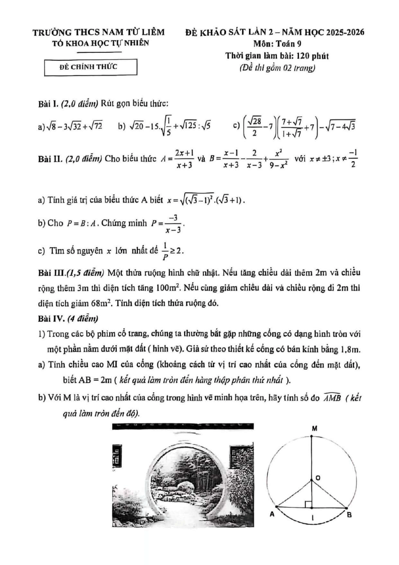 Đề thi thử Toán vào lớp 10 năm 2025-2026 trường THCS Nam Từ Liêm