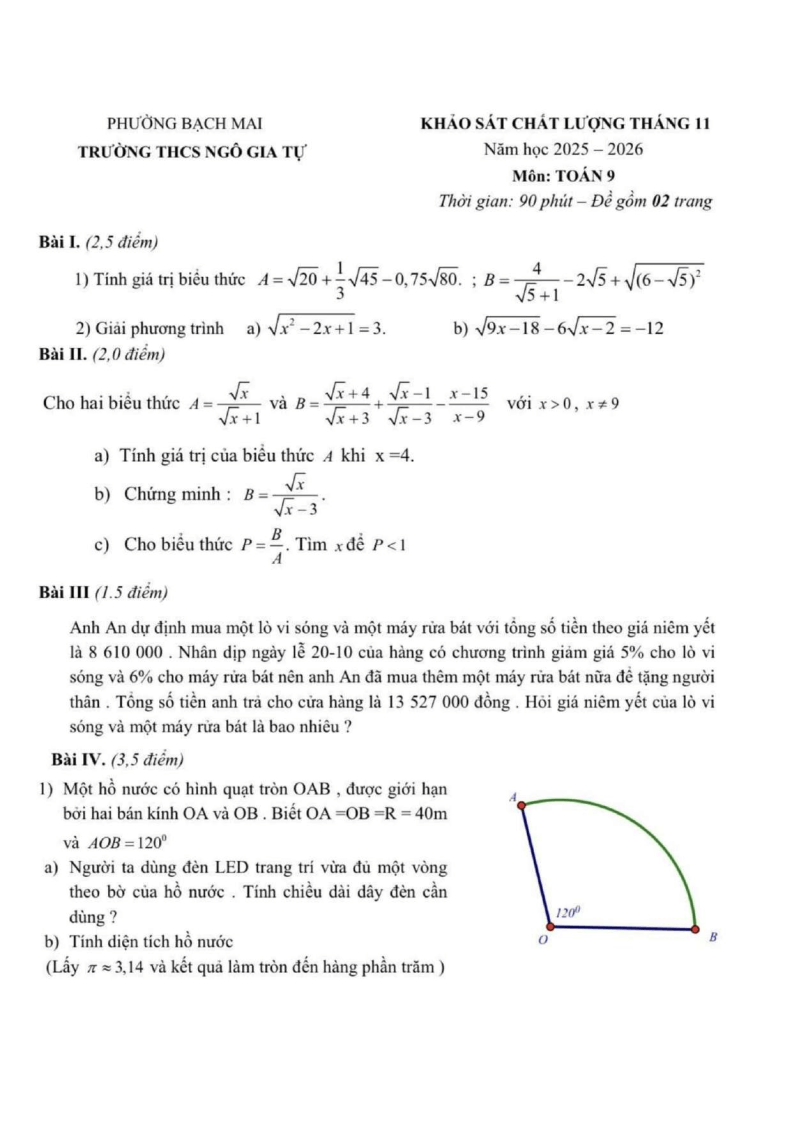 Đề thi thử Toán vào lớp 10 năm 2025-2026 trường THCS Ngô Gia Tự