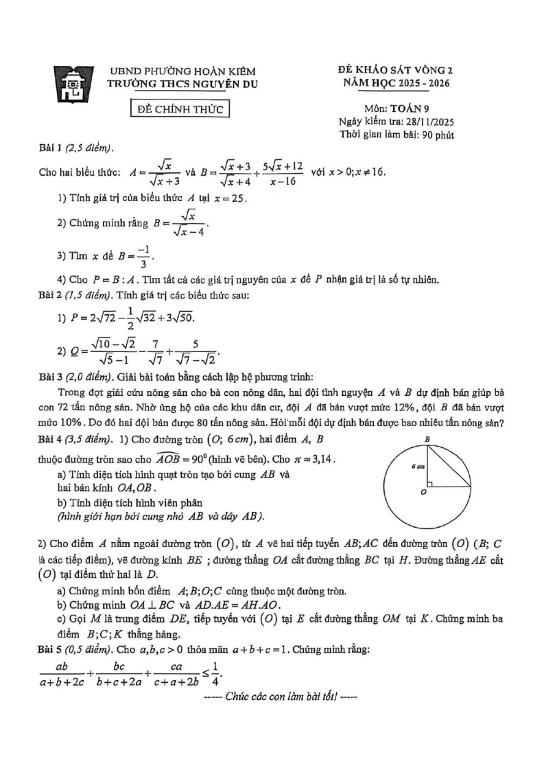 Đề thi thử Toán vào lớp 10 năm 2025-2026 trường THCS Nguyễn Du