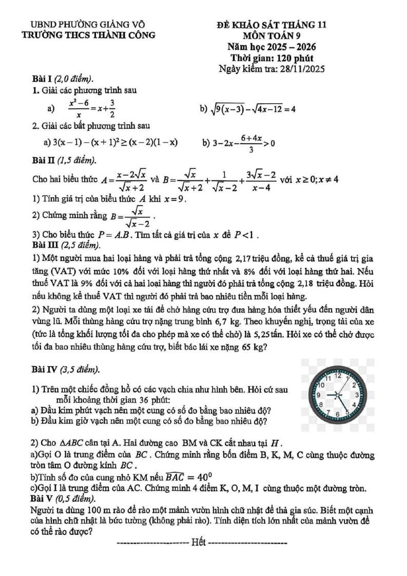 Đề thi thử Toán vào lớp 10 năm 2025-2026 trường THCS Thành Công