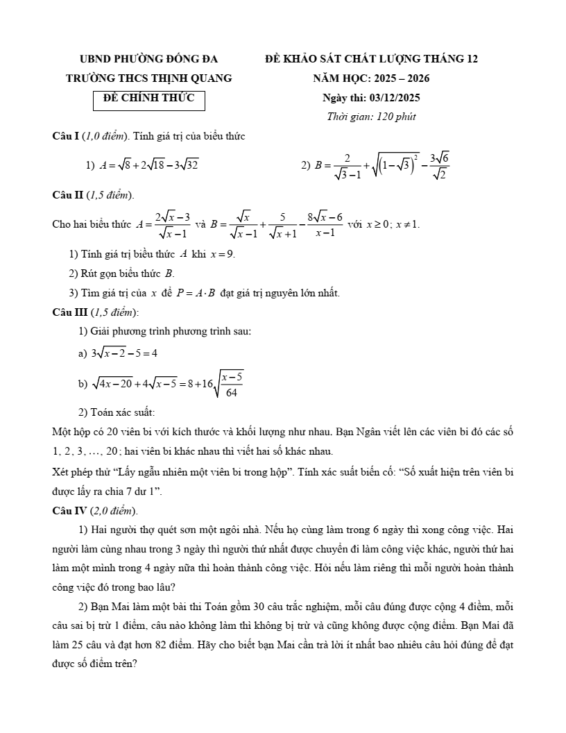 Đề thi thử Toán vào lớp 10 năm 2025-2026 trường THCS Thịnh Quang