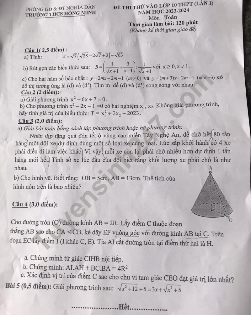 Đề thi thử vào 10 Toán 2024 trường THCS Hồng Minh
