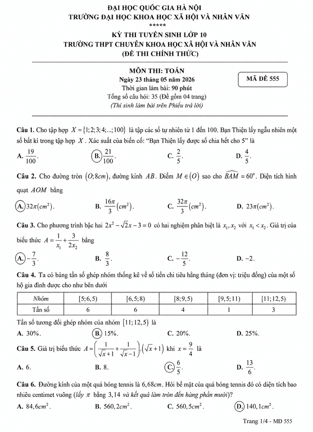 Giải Đề thi tuyển sinh Toán (chung) vào lớp 10 trường THPT Chuyên Khoa học xã hội và nhân văn (Hà Nội) năm 2026